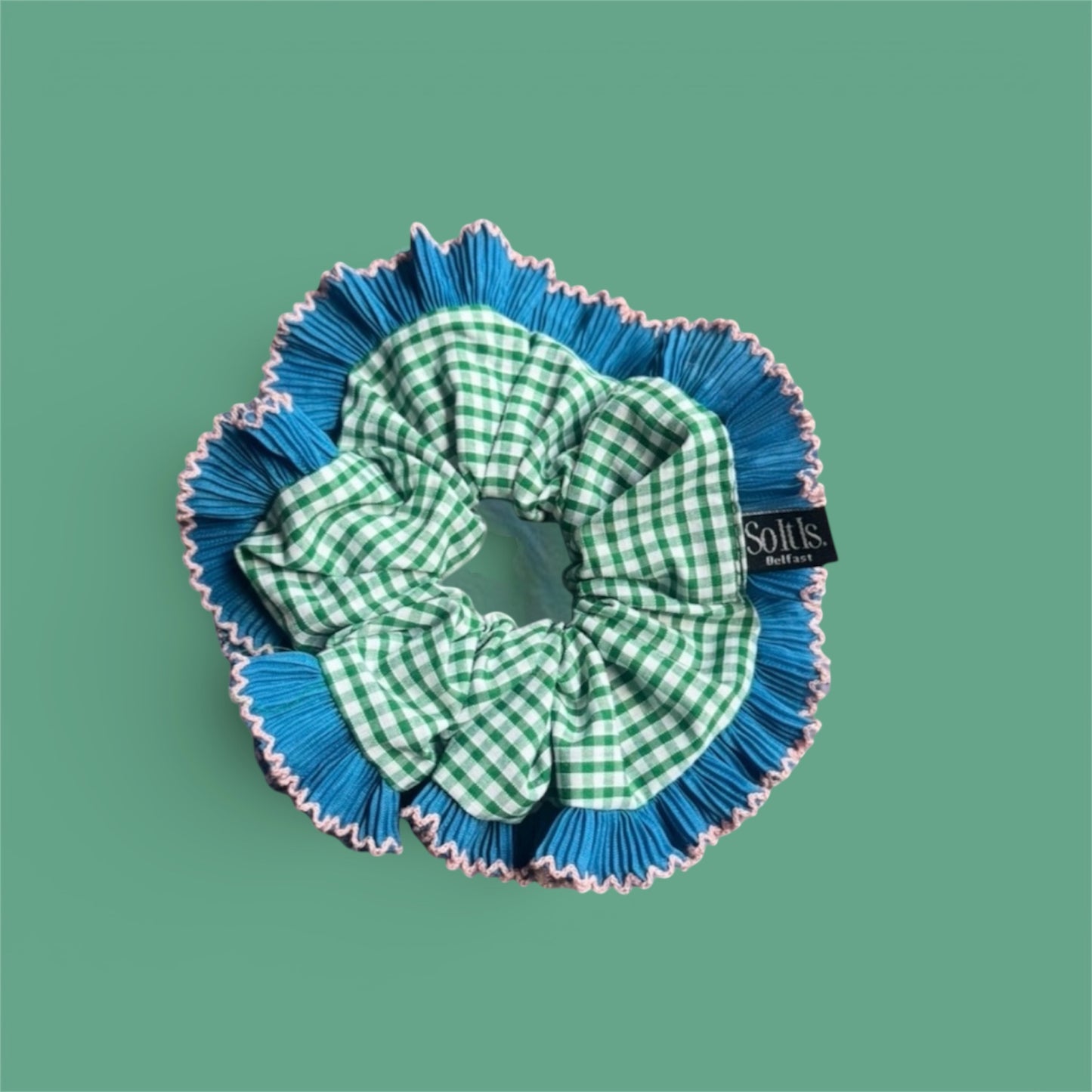 Green Gingham Ruffle Scrunchies with Blue & pink frill trim.