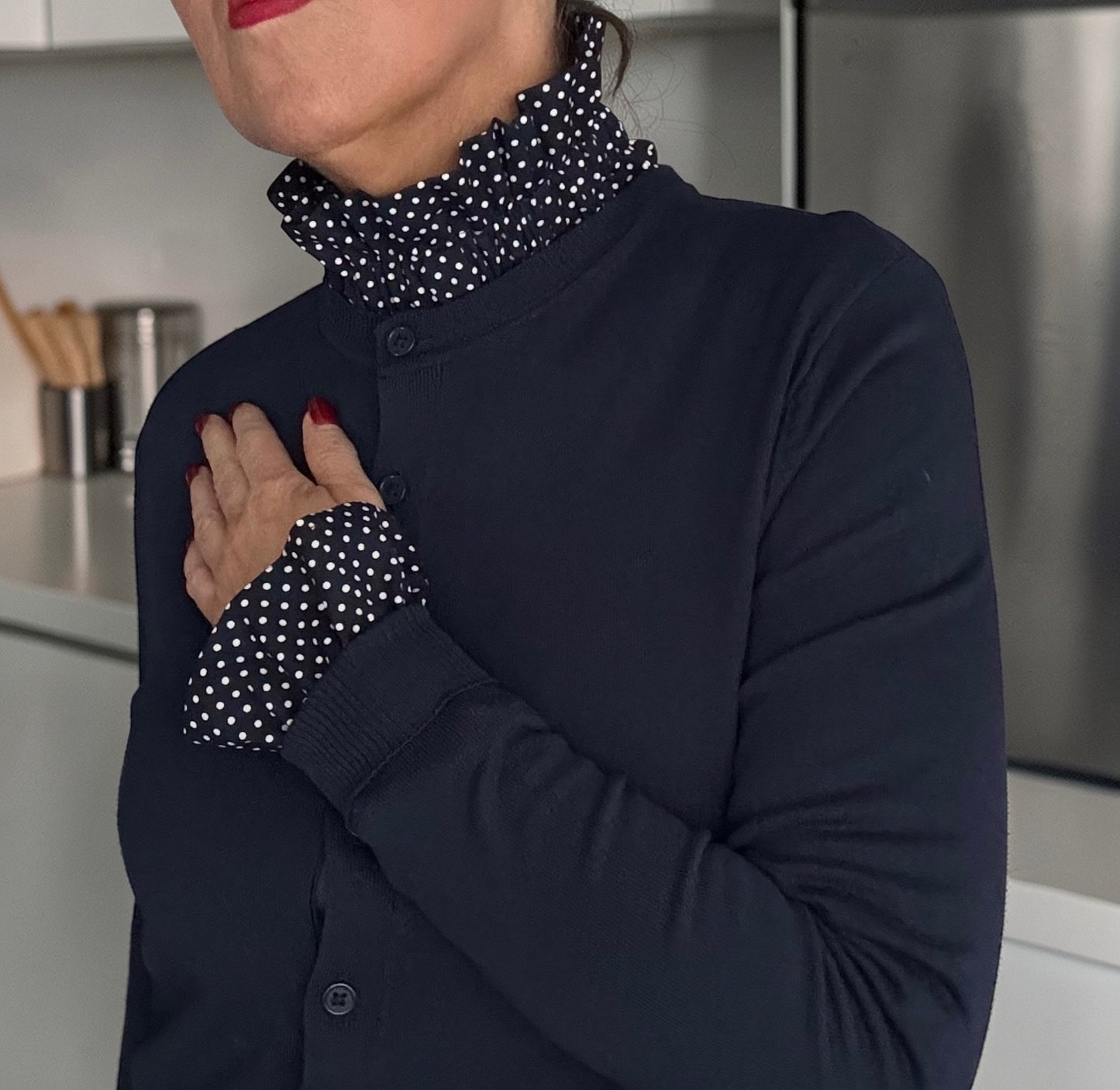 Navy Polka Dot Ruffle Collar & Cuff Set.