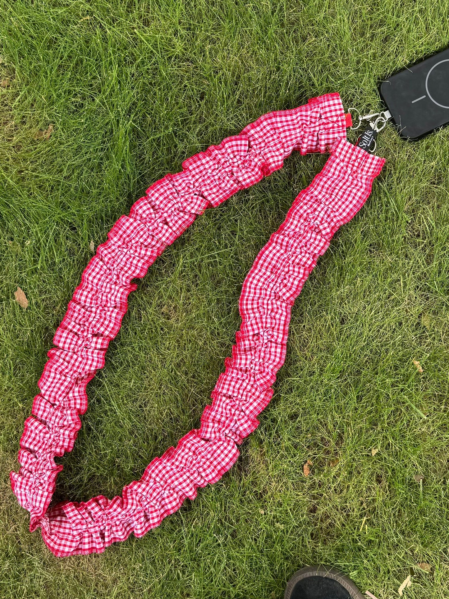 Red Gingham Ruffle Phone Strap Crossbody – Handmade Fabric Lanyard
