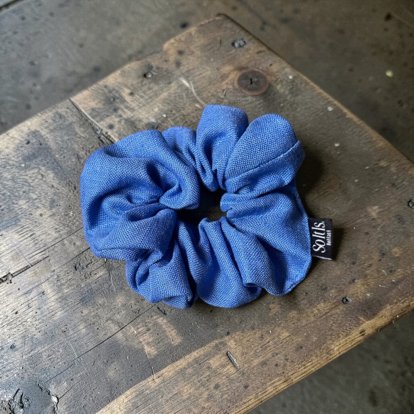 Irish Linen Scrunchie – Handmade in Belfast | Blue & Natural Linen Hair Tie