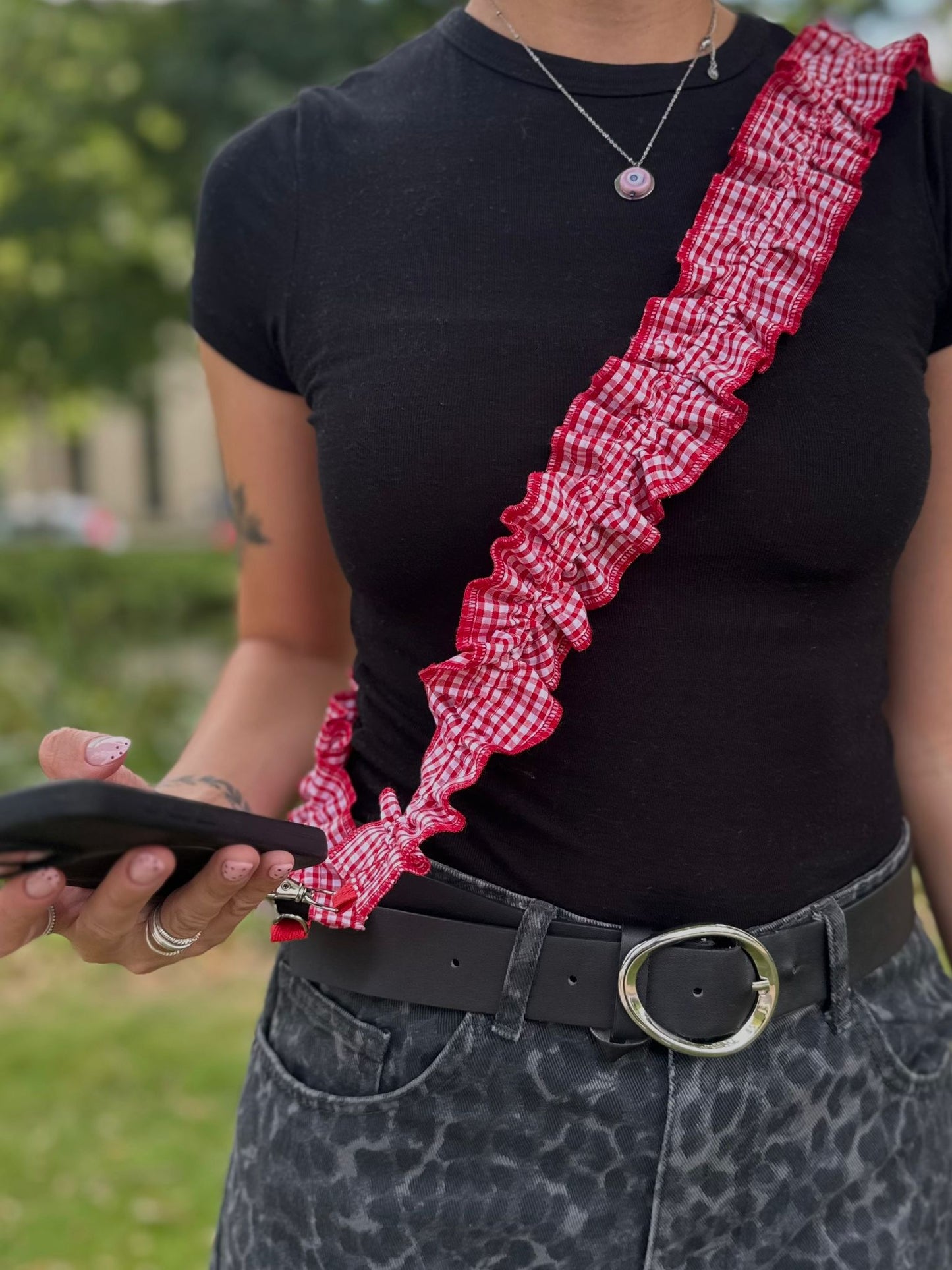Red Gingham Ruffle Phone Strap Crossbody – Handmade Fabric Lanyard