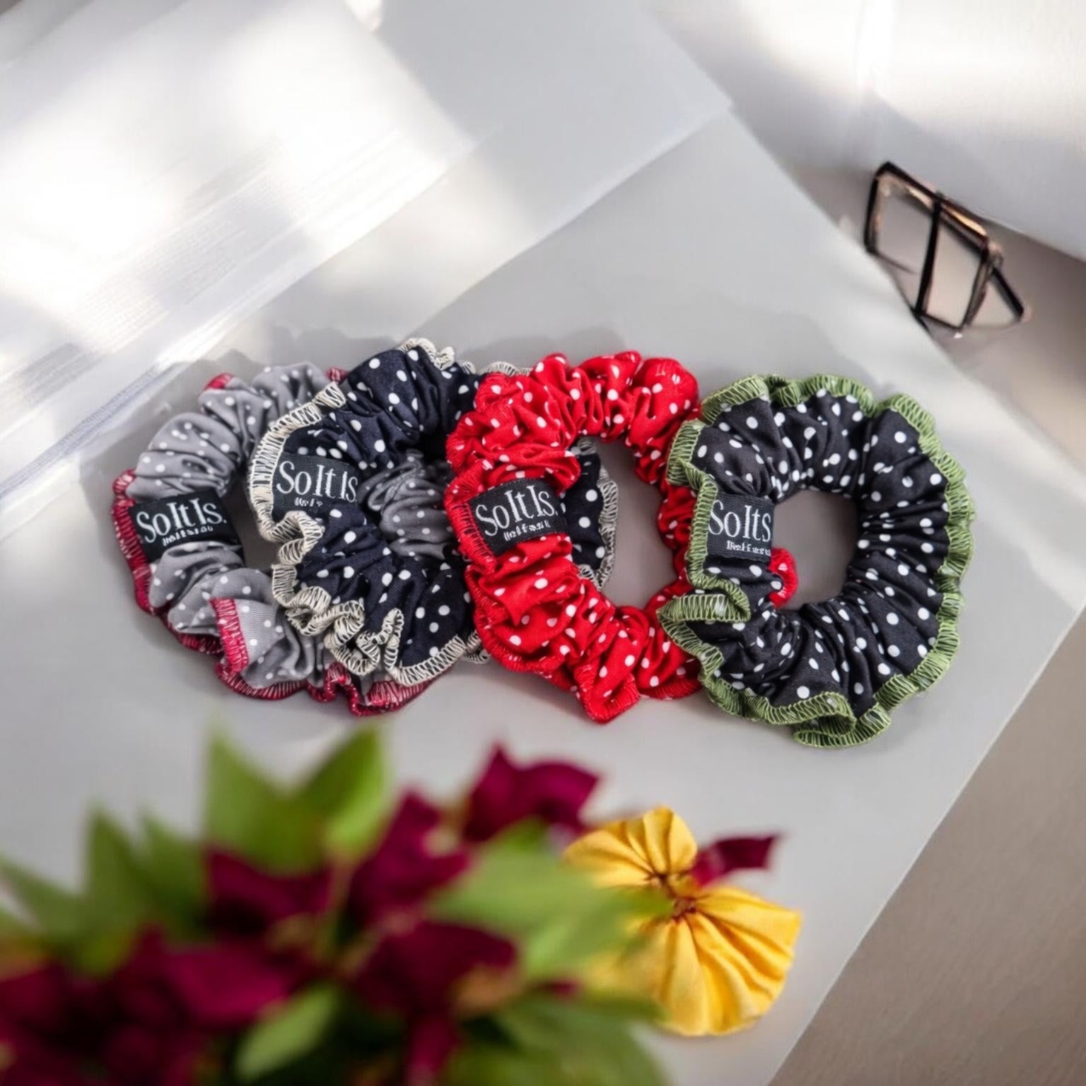Polka dot scrunchie set with frill edging in red, navy, grey and charcoal, handmade hair accessories by So it is