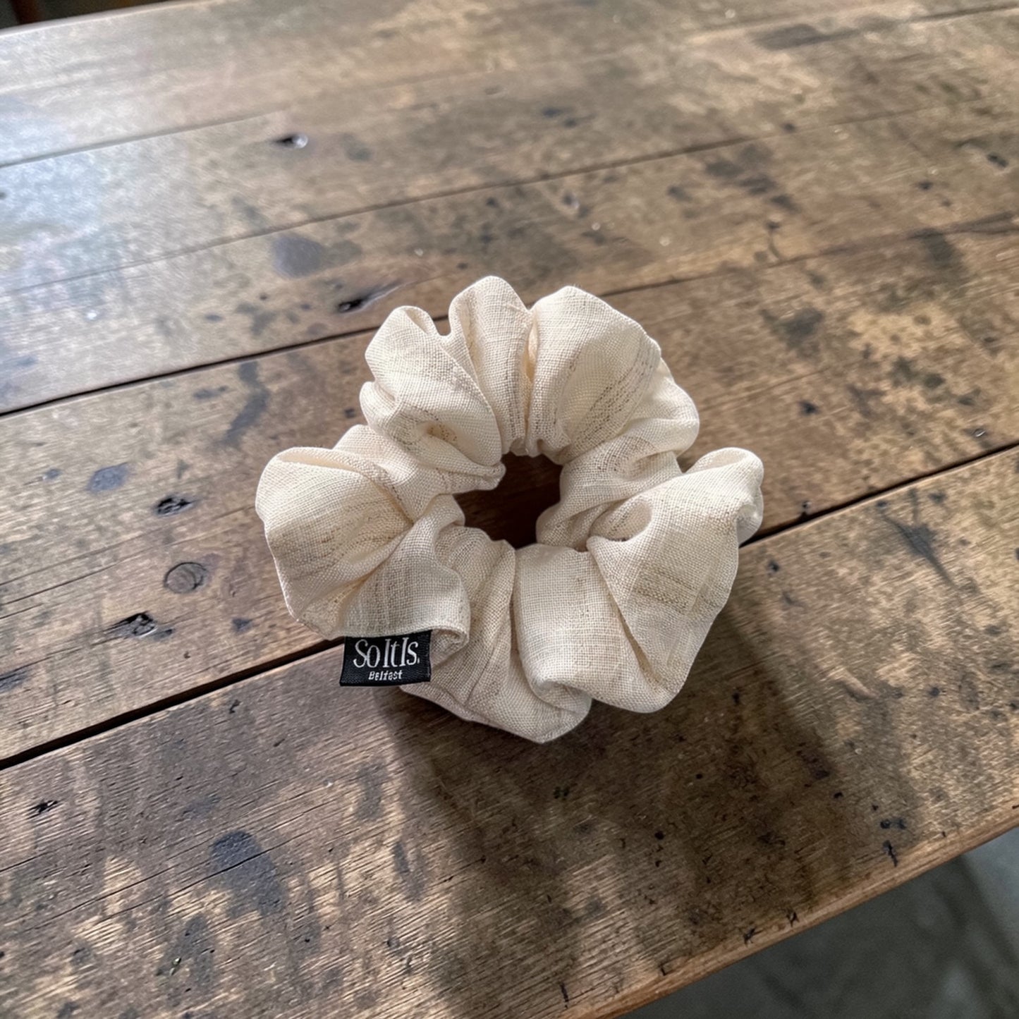 Neutral oat coloured Irish linen scrunchie handmade in Belfast