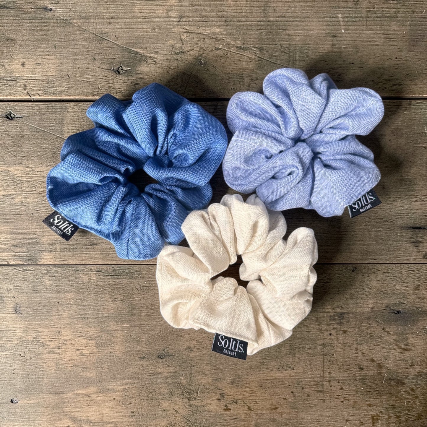 Irish Linen Scrunchie – Handmade in Belfast | Blue & Natural Linen Hair Tie