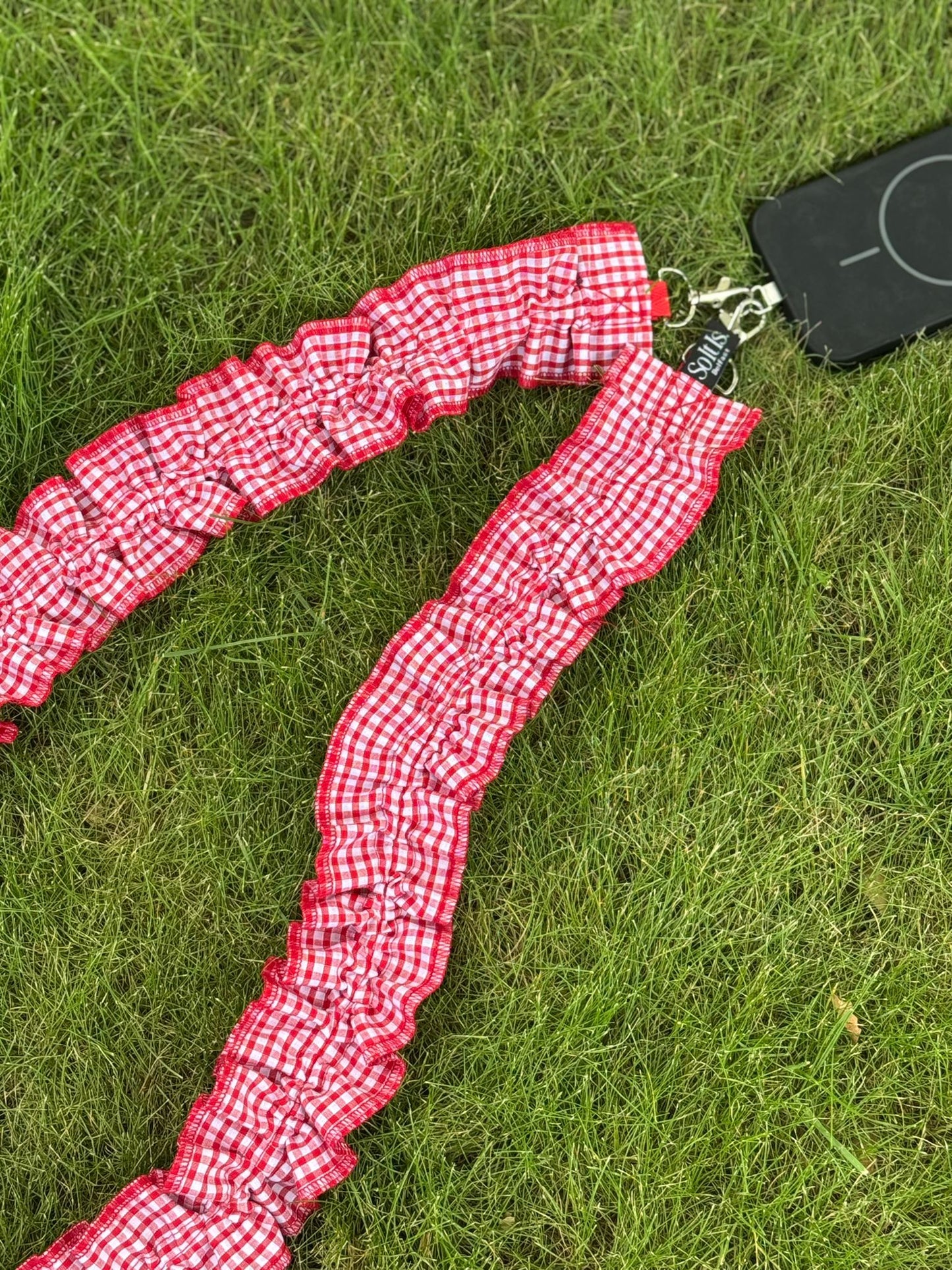 Red Gingham Ruffle Phone Strap Crossbody – Handmade Fabric Lanyard