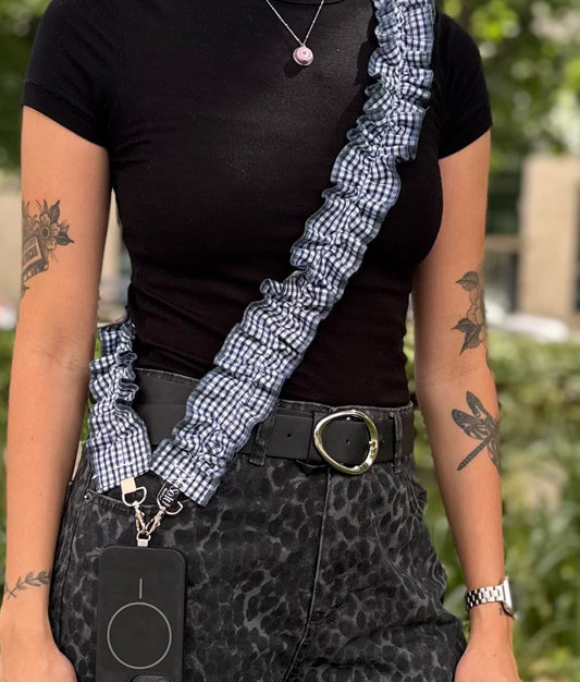 Blue Gingham Ruffle Phone Strap with olive green stitching – Scrunchie Style Crossbody Lanyard
