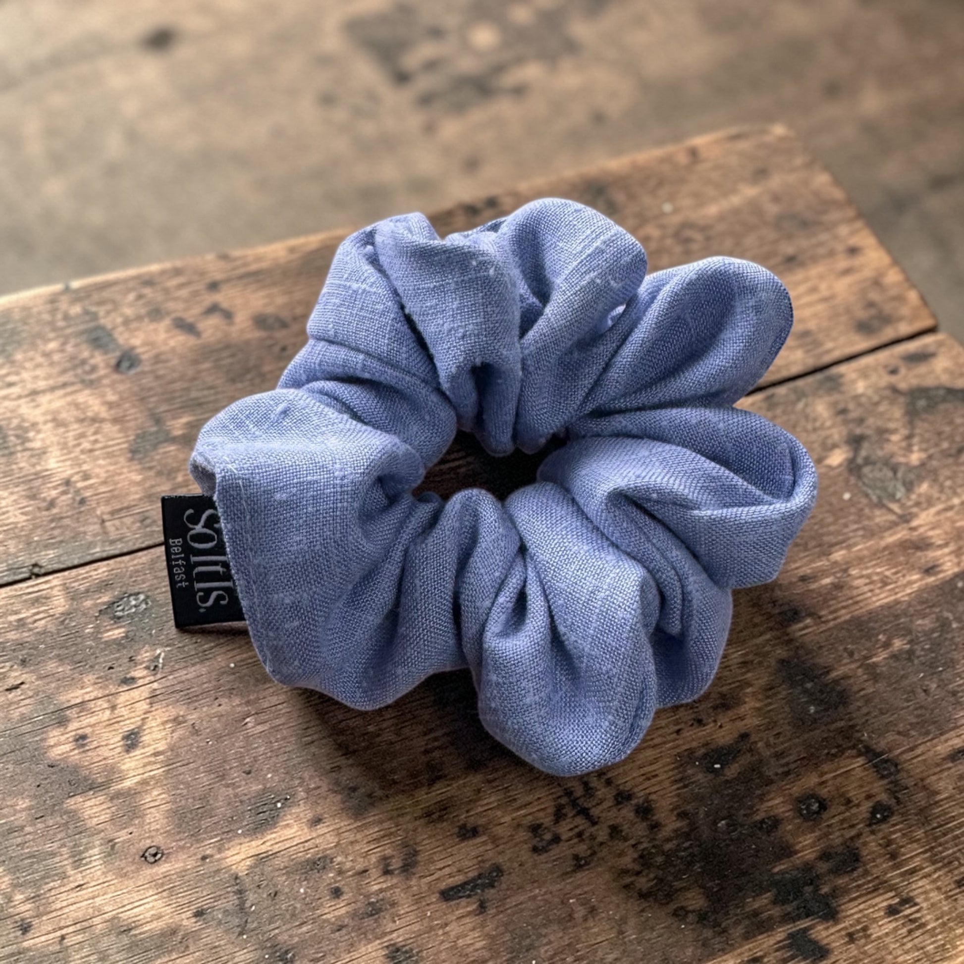 Soft blue Irish linen scrunchie handmade in Belfast
