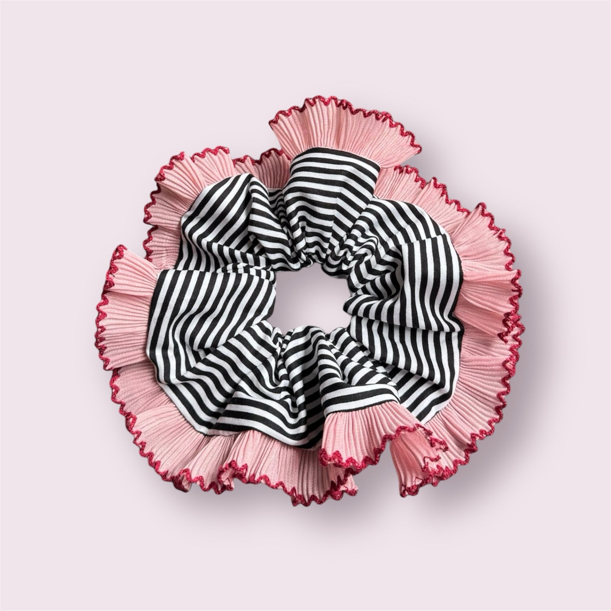 Layered pleated blush pink and black white stripe handmade scrunchie