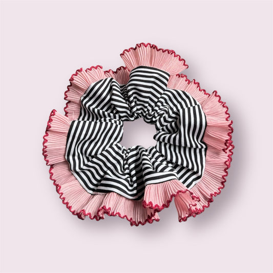 Layered pleated blush pink and black white stripe handmade scrunchie