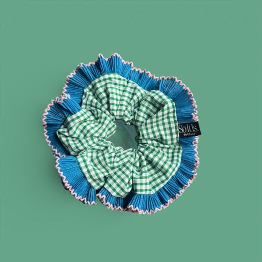 Green Gingham Ruffle Scrunchies with Blue & pink frill trim.