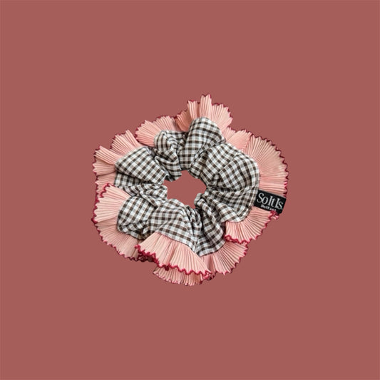 Brown Gingham & Blush Pleated Scrunchie.
