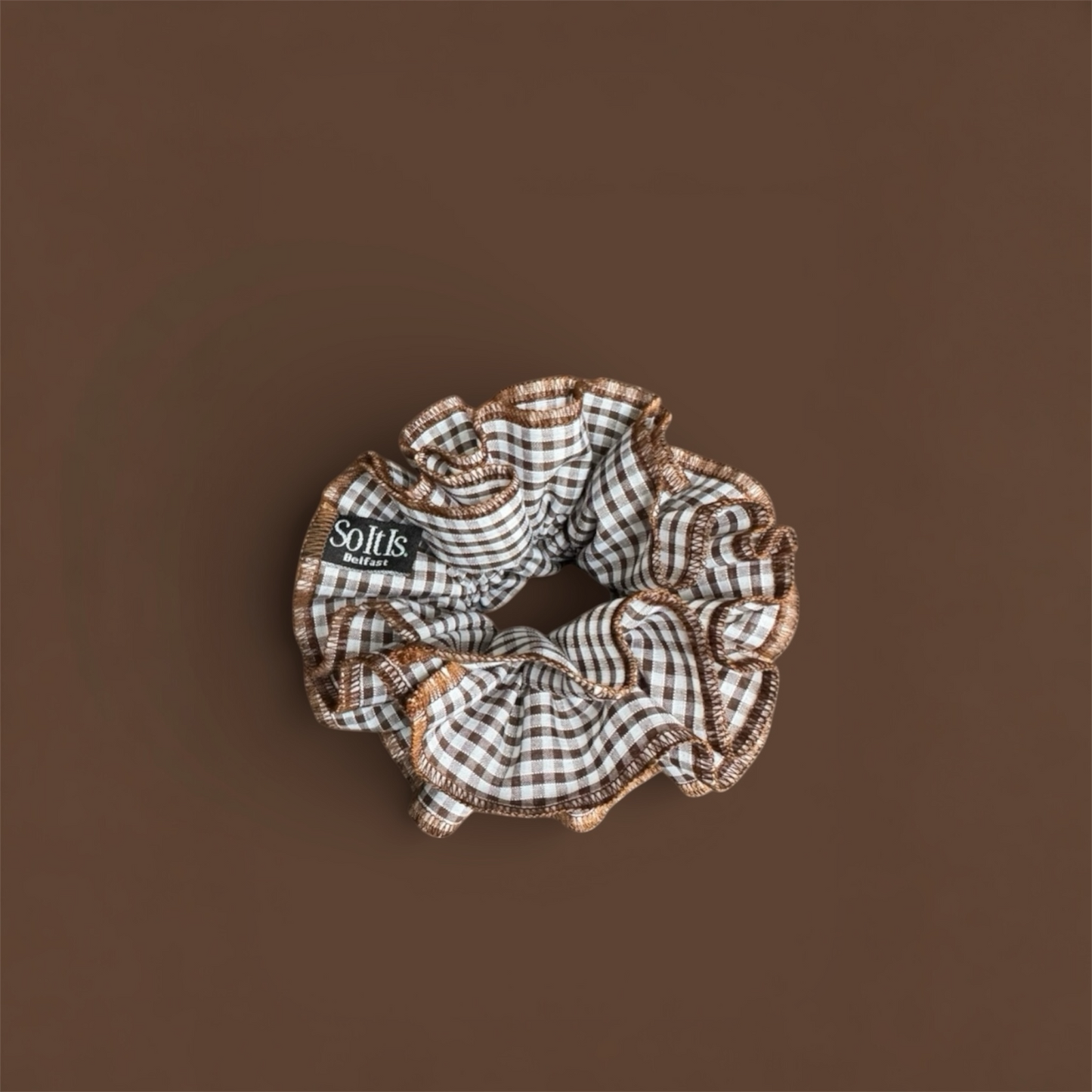 Brown Gingham Fabric Scrunchie with Contrast Edge