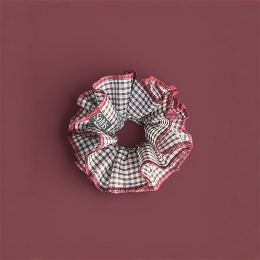 Brown gingham Statement Scrunchie - Burgundy Edge